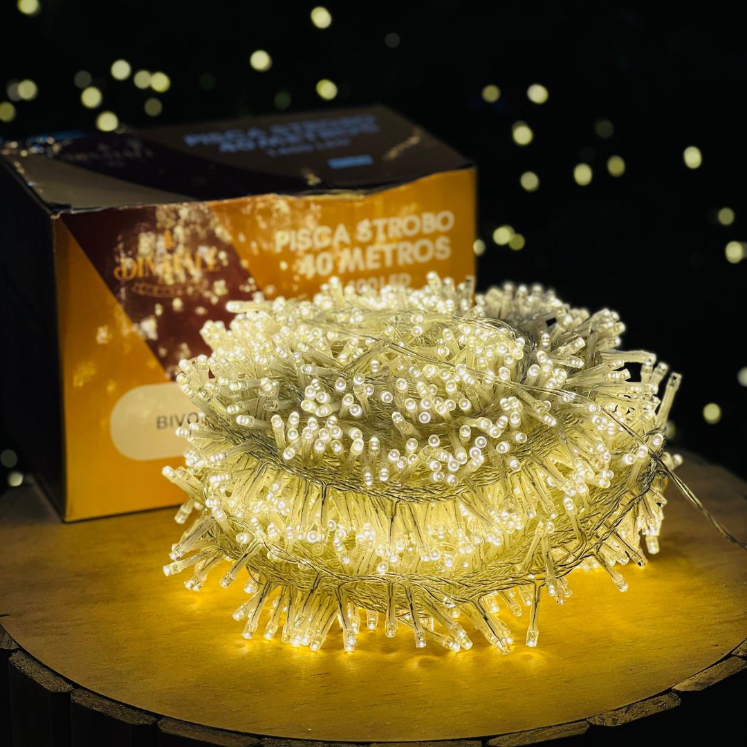 Pisca Estrobo 40 Metros - 1400leds Fio Transparente Branco Quente (bivolt)