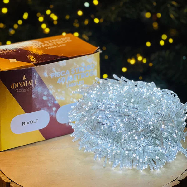 Pisca Estrobo 40 metros - 1400 Leds Fio Transparente Branco Frio - Externo (Bivolt)