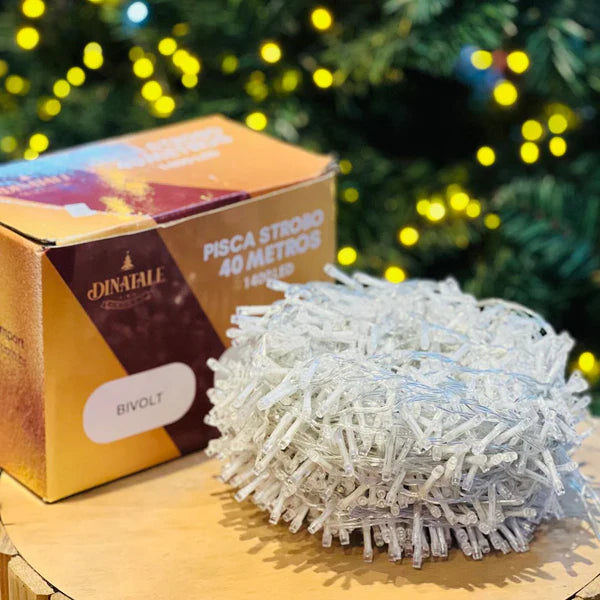 Pisca Estrobo 40 metros - 1400 Leds Fio Transparente Branco Frio - Externo (Bivolt)